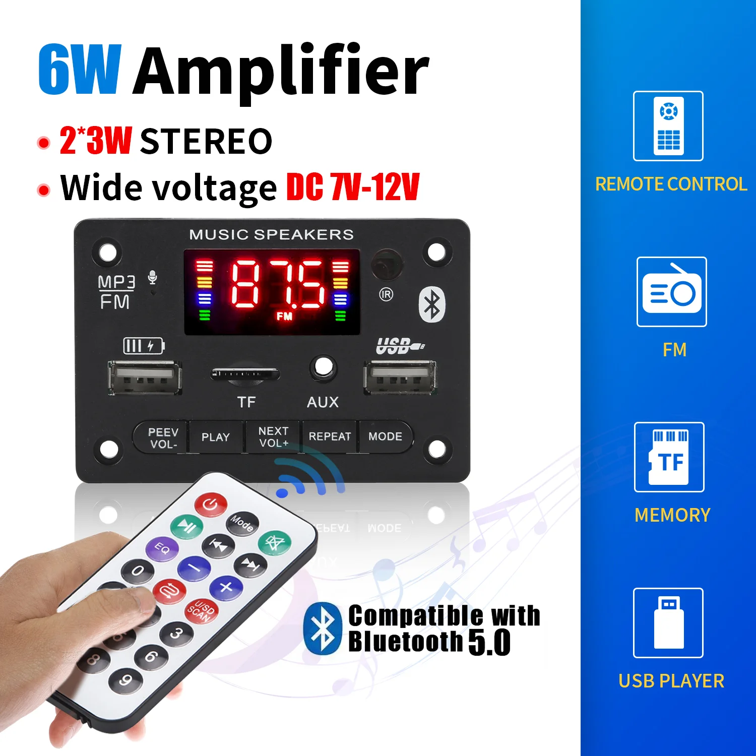 2*3W Class D Stereo Audio Digital Power Amplifier 12V 6W Decoder Board Car MP3 Player USB Record FM AUX Handsfree DIY Control