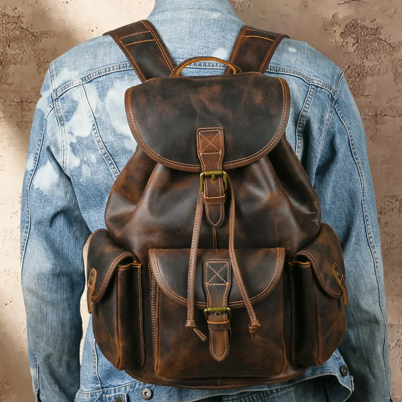 

Vintage Rucksuck Bag Crazy Horse Leather Backpack Men Women Genuine Leather Knapsack Student School Bag Vintage Rucksacks 14"