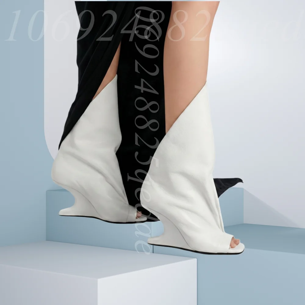 Women's Zebra/Red Sculptural Wedge Ankle Boots, Peep Toe Open Heel, High Knee Cuffed Design, Unique Suede Leather Pleated Shoes