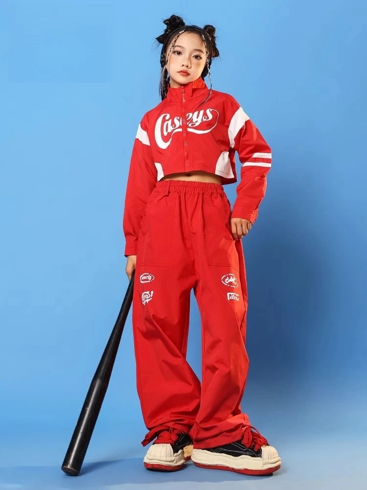 2024 Mädchen Rot Hip Hop Kostüm Jazz Dance Performance Kleidung Kurzen Mantel Lose Hosen Street Dance Bühne Wettbewerb Tragen BL14219