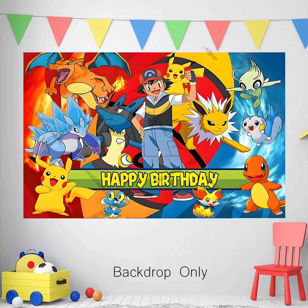 Pokemon Ash Ketchum Printable Backdrop Boy Girl Third Birthday Party Background Photography Pikachu Supplies Decoration Banner