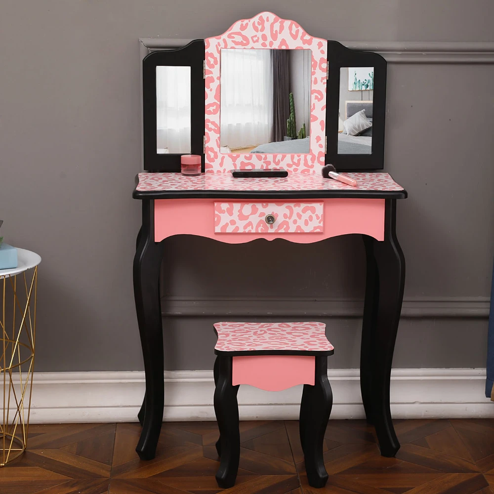 Children's Dressing Table with Stool,Three-Fold Mirror Single Drawer Arc Feet Children Dresser Table,Bedroom Furniture