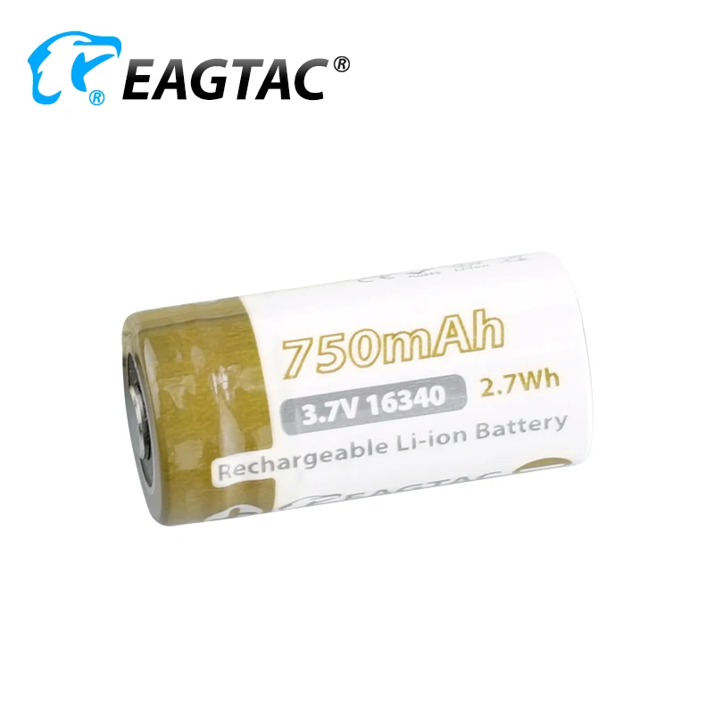 

EAGTAC 3.7V RCR123A 16340 750mAh Protected Li-ion Battery (4.5A discharge) Button Top 16340 Li-ion Battery