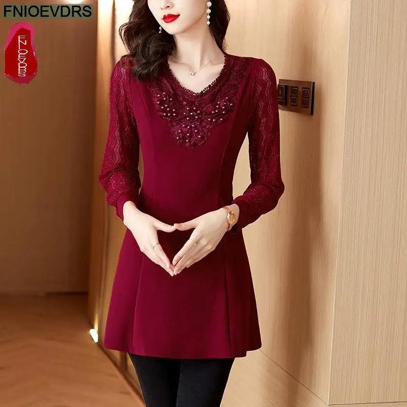 2023 Women Elegant Office Lady Retro Vintage Loose V Neck Peplum Tops Work Peplum Black Lace Long Tunic Basic Shirt Blouse