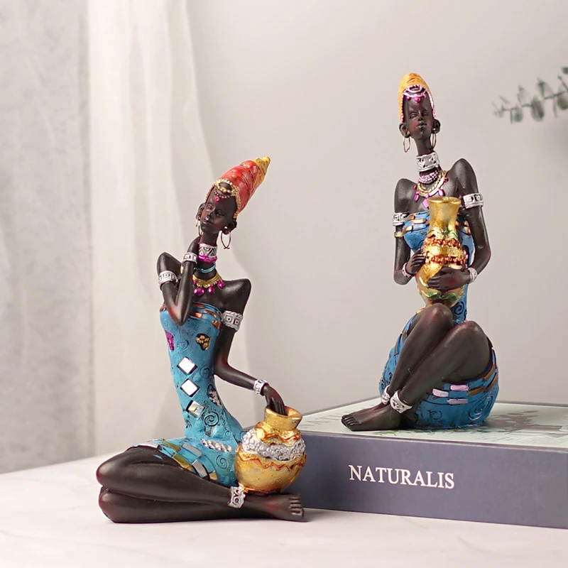 NORTHEUINS Resin African Black Women\'s Ornaments Exotic Holding Pottery Jars Home Living Room Desktop Decor Statues Art Figures