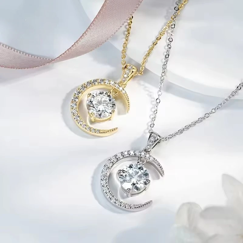 

Exquisite Full Moissanite 2ct 925 Sterling Silver Moon and Star Pendant Necklaces With Certificate for Women Jewelry