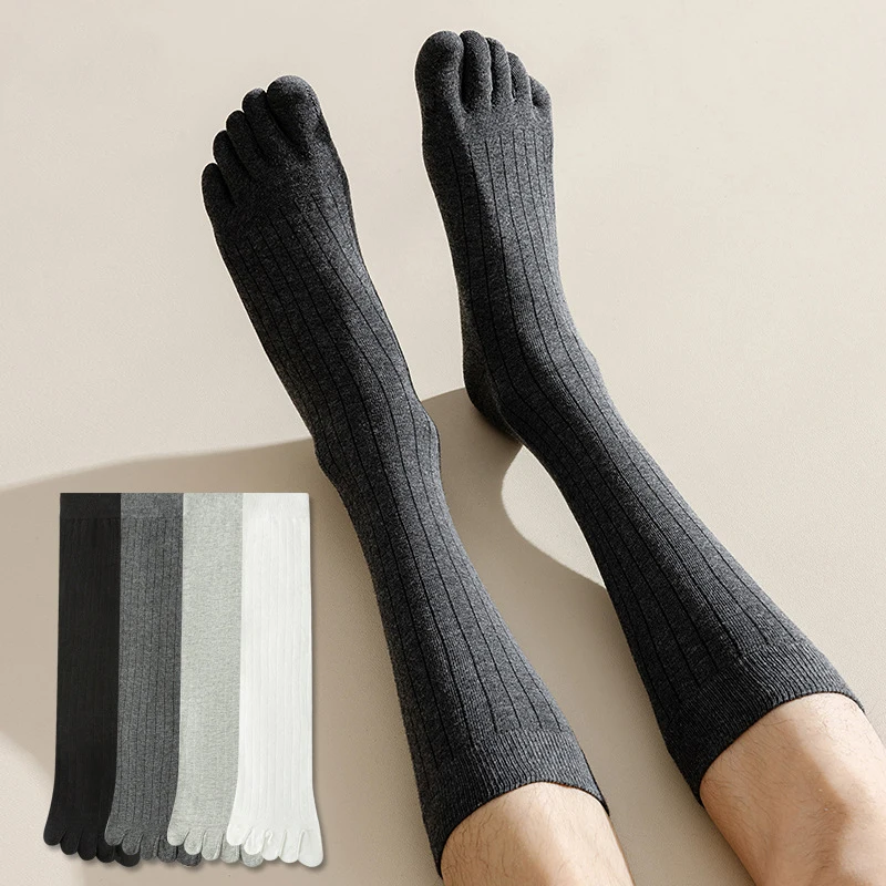 1/4 Pairs Men Toe Socks Long Cotton Simple Business Party Dress Stockings Gentleman Breathable 5 Finger Socks Calf 4 Seasons