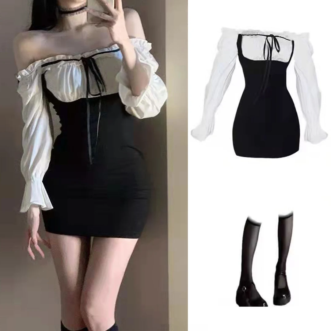 Seksowna Dziewczyna Fałszywa Damska Dwuczęściowa Iluzja Długi Rękaw Francuski Styl Długi Rękaw Ekskluzywna Sukienka Mini Wyszczuplająca Podkreślająca Talia