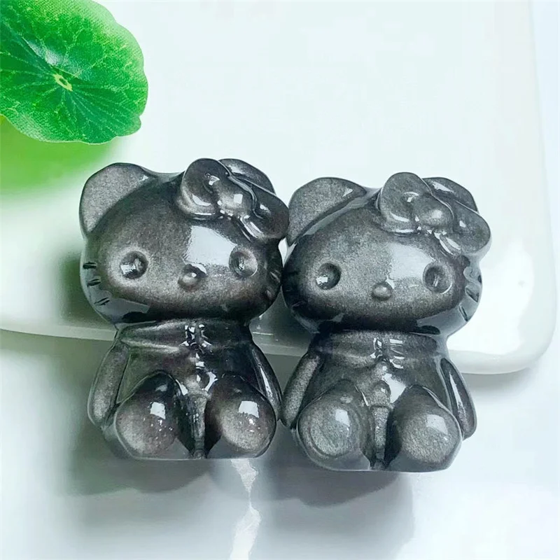 

Natural Silver Obsidian Cartoon KT Cat Statue Handmade Women Crystals And Stones For Gemstone Crystal Lovers Girlfriend 43mm