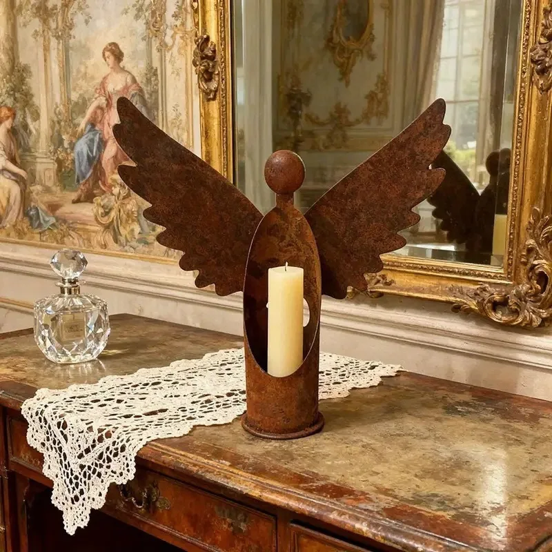 Hot-selling Rusted Angel Candle Holder Outdoor Garden Patio Decoration Creative Windproof Candle Holder