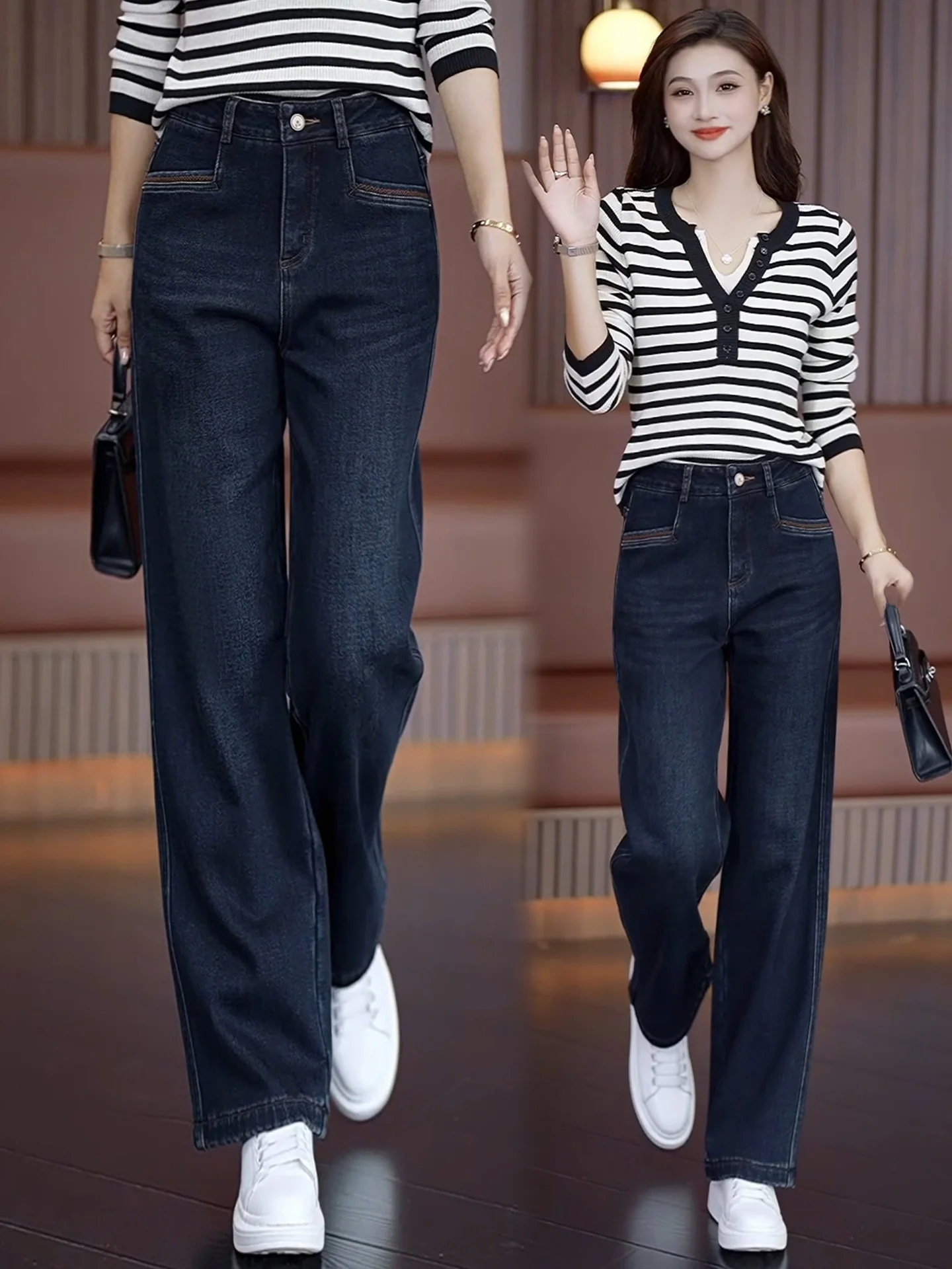 

Retro High Waist Thickened Fleece Wide Leg Jeans Women's Autumn Winter New Style Loose Straight Cut Slimming Denim Pants