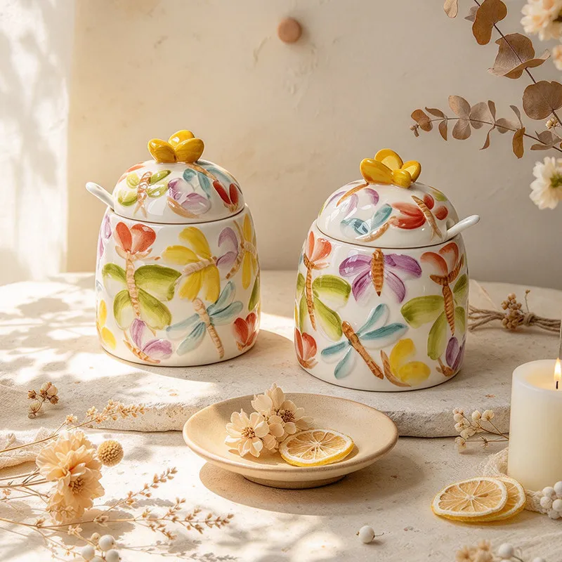 Hand Painted Dragonfly Butterfly Ceramic Sugar Bowl with Lid and Spoon, Colorful Floral Seasoning Jar, Kitchen Storage Canister