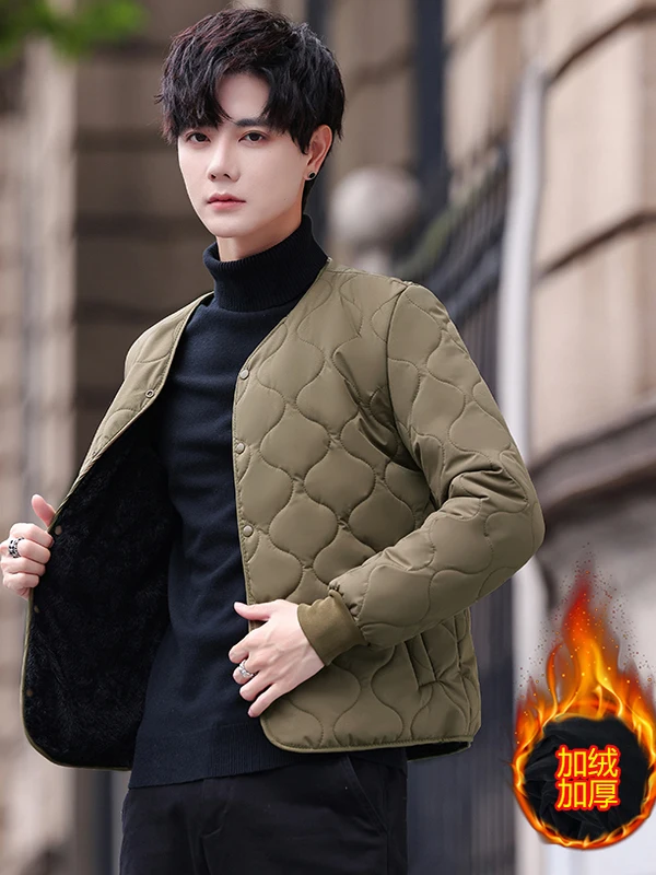 

Thiened Winter Cotton Jaet Men's Casual Slim Fit Fce Lined round Ne Long Sve Cold Proof Home Wear Stand Sle
