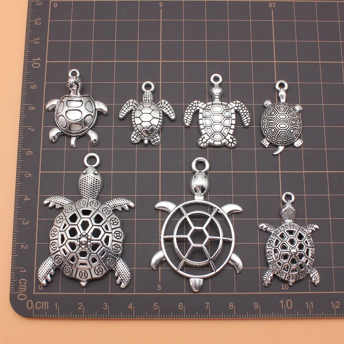 7 Styles, 1 of Each, 7pcs Antique Silver Color Turtle Charms Collection For DIY Jewelry Making