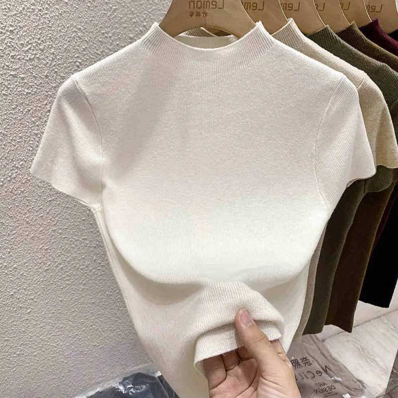 

2025 Basic Turtleneck Solid Thin Pullover Women Female Knitted Sweater Slim Short Sleeve Bodycon Sweater