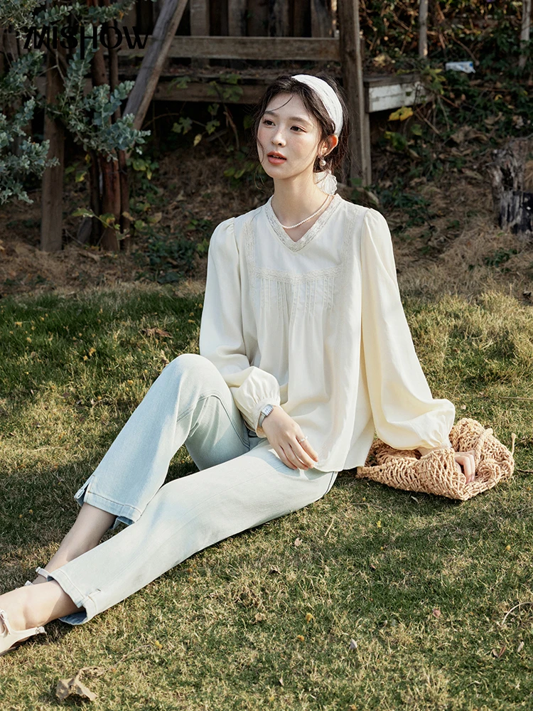 MISHOW Women's Lyocell Blouse 2025 Spring Summer Lace V-neck Commuting Top Puff Sleeve Solid Loose Blouse Office Lady MXE15X1735