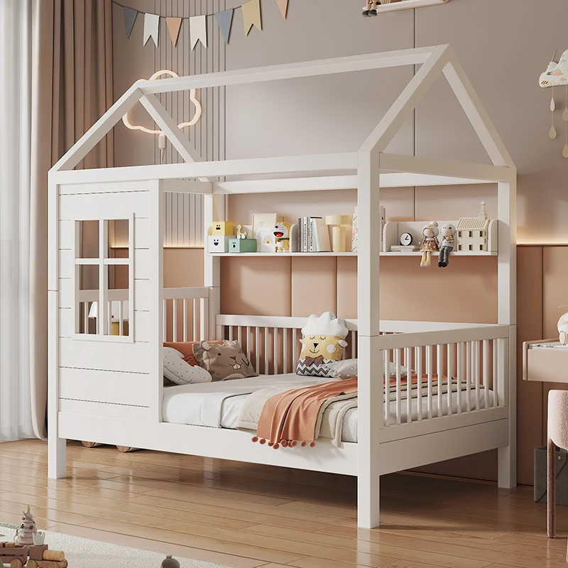 Stylish White Solid Wood Kids Bed with House - Like Frame Perfect for Children's Bedroomspromote sales
