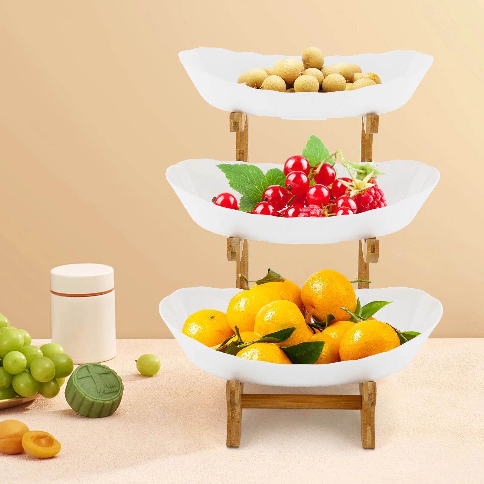 3-Tier Serving Bowls with Stand, Snack Dessert Cake Tray Plate Rack for Party Wedding, Fruit Bowl with Bamboo Wood Stand