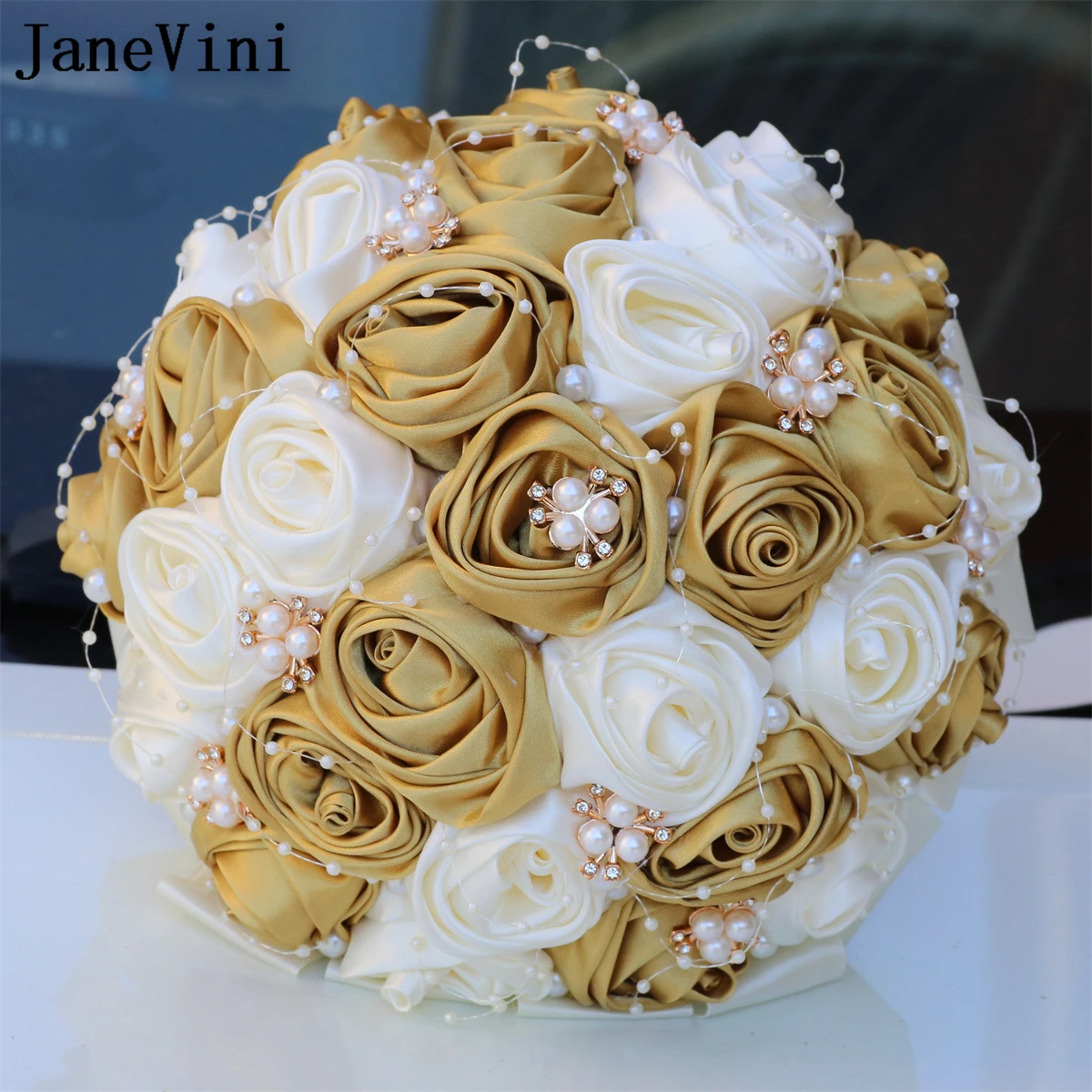 Janevini Luxus Gold und Elfenbein Hochzeits strauß mit Perlen Perlen Satin Rosen Braut blumenstrauß Fleur Exotique de Mariage