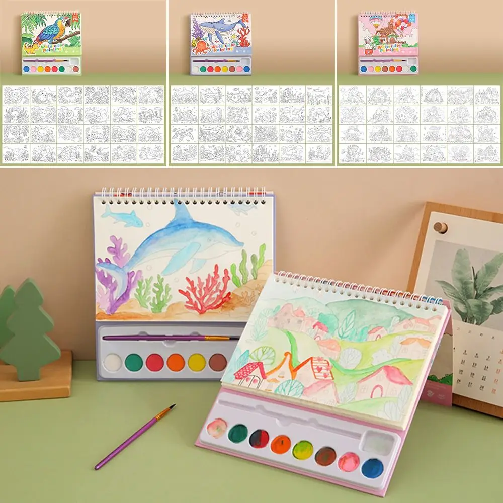 Cartoon Watercolor Painting Book 24 Pages Paintbrush Coloring Book Kit with 8 Color Pigment No-repeat Pattern