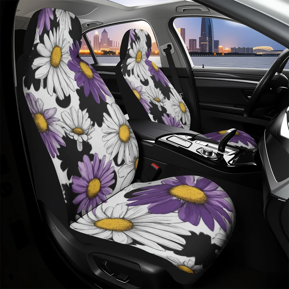 2pcs, Daisy Floral Cow Spots Print Car Seat Covers Fit For Front Seats, Easy Install And Washable, Fit For Cars, SUVs, Trucks A