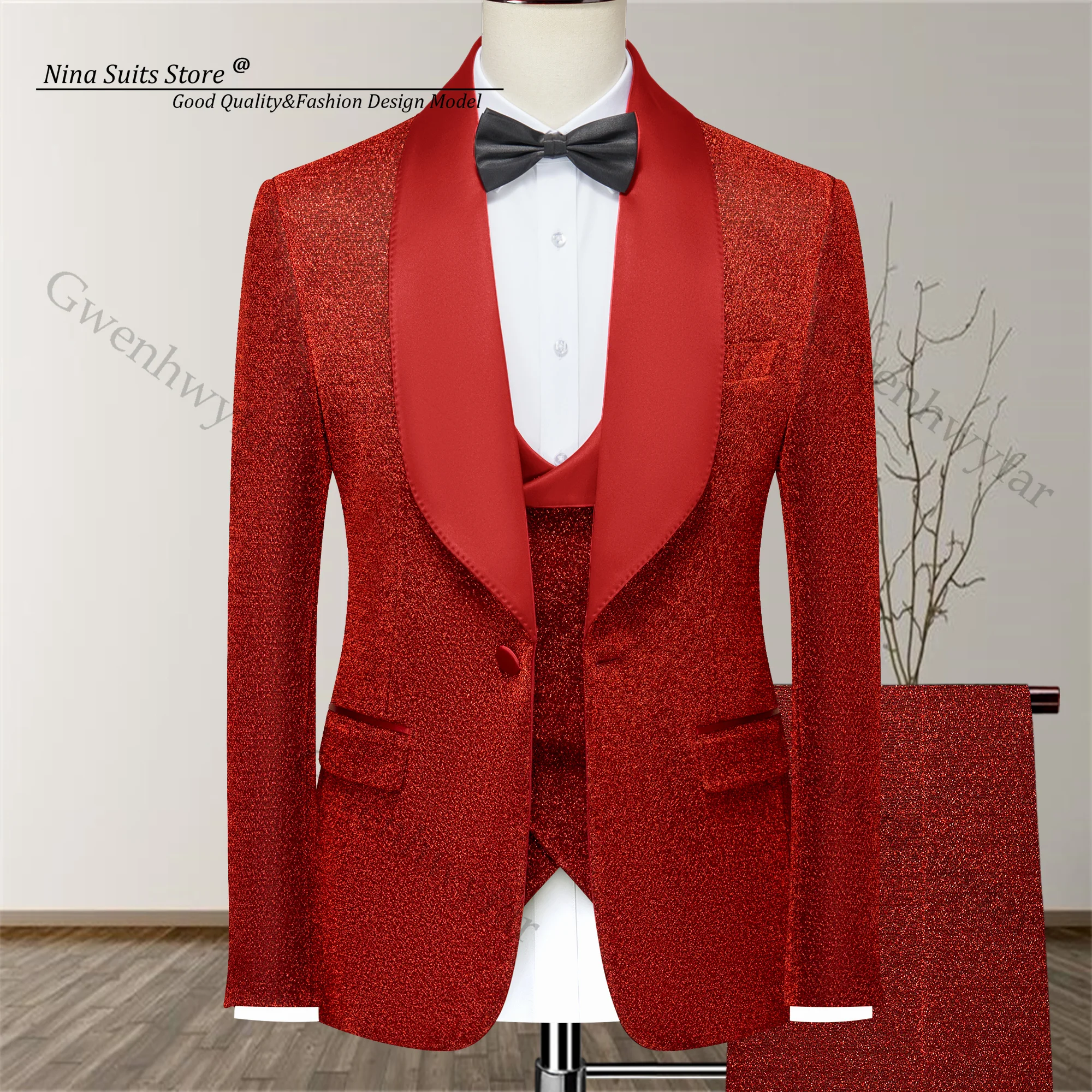 Gwenhwyfar Men Shinny Glitter Prom Suits Red Burgundy Navy Black Green Jacket One Button Double Breasted Vest Pants for Banquet