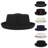 Sombrero Fedora de tarta de cerdo de lana 100% para mujeres y hombres Otoño Invierno Sombrero de cerrojo de ala curva de fieltro