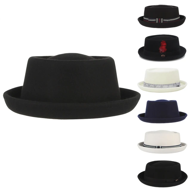 100% Wool Pork Pie Fedora Hat for Women Men Autumn Winter Felt Curved Brim Porkpie Hat
