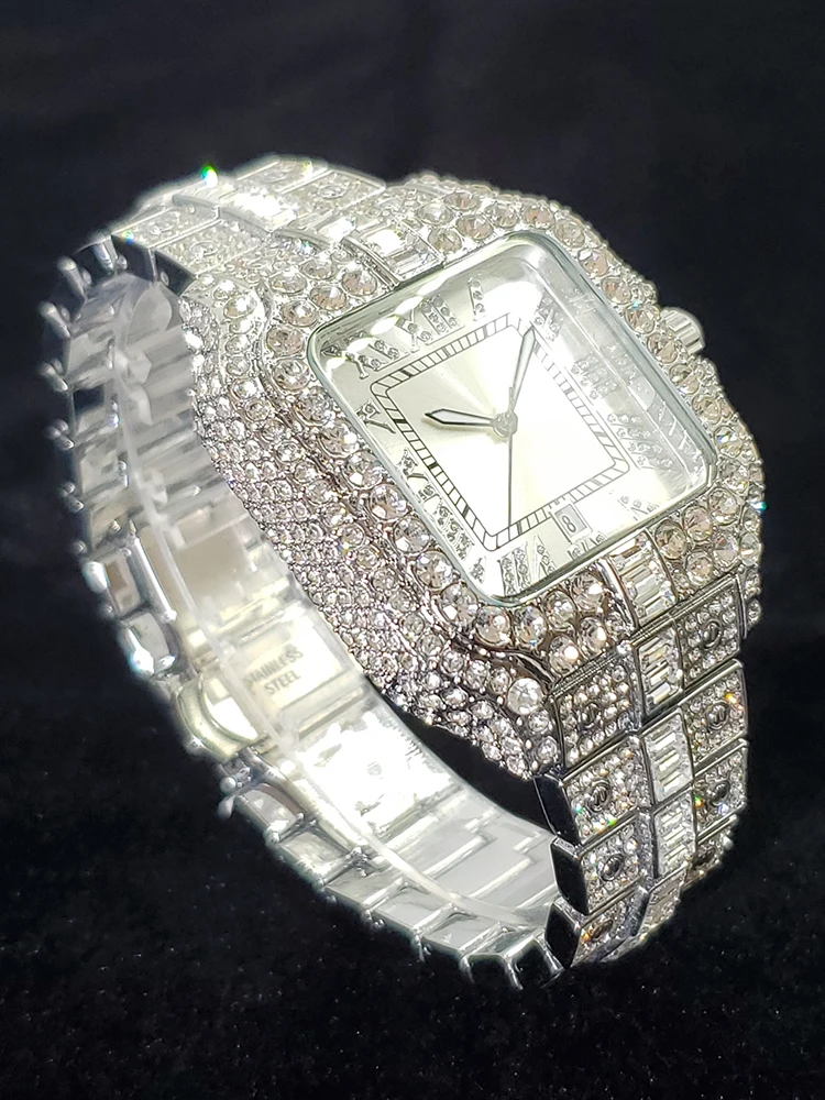 Męskie zegarki kwadratowa biała tarcza świecący punkt luksusowy diamentowy zegarek dla mężczyzny Iced Hip Hop biżuteria zegarki z kalendarzem Dropshipping