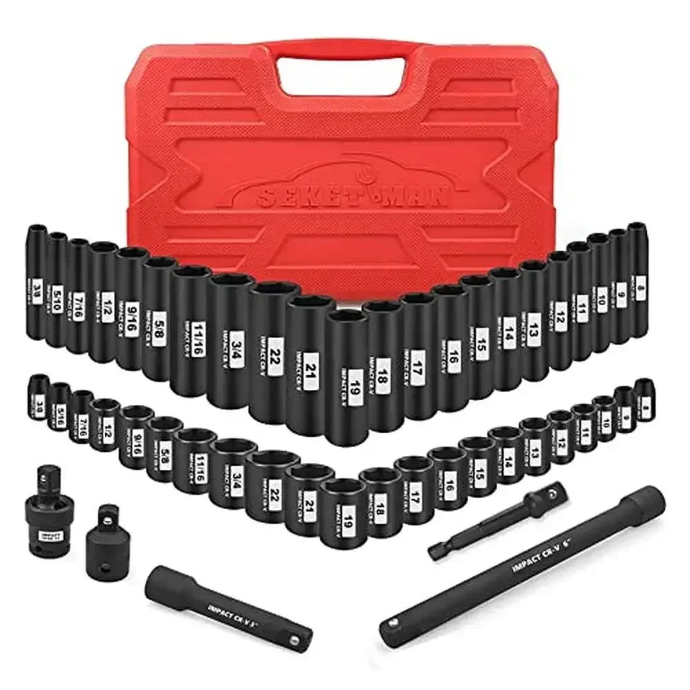 

49-Piece Impact Socket Set 3/8-Inch Drive SAE/Metric Deep/Shallow 6 Point CR-V Steel Extension Bars Universal Joint Adapter Easy