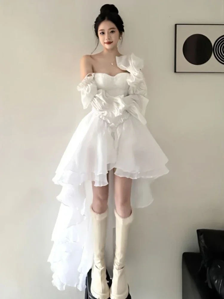 Elegant Sweet One Shoulder Dresses Summer Fashion New Long Sleeve Dress for Women Y2k Slim Waist White Vestidos De Mujer