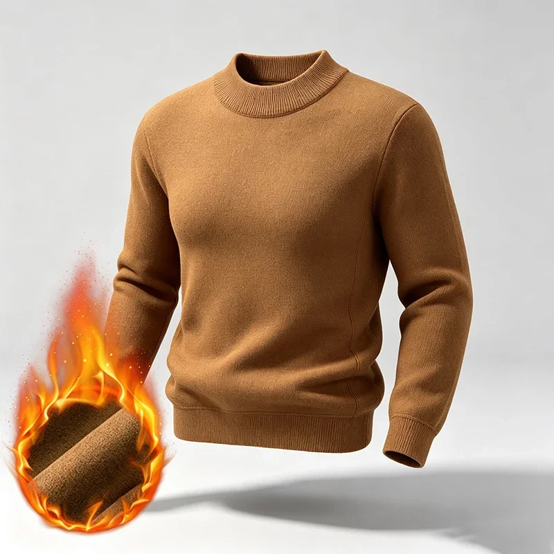 Men Winter Warm Crew Neck Knit Top Fleece Lined Thick Construction Ribbed Edge Regular Cut All Match Casual Knitted Sweater
