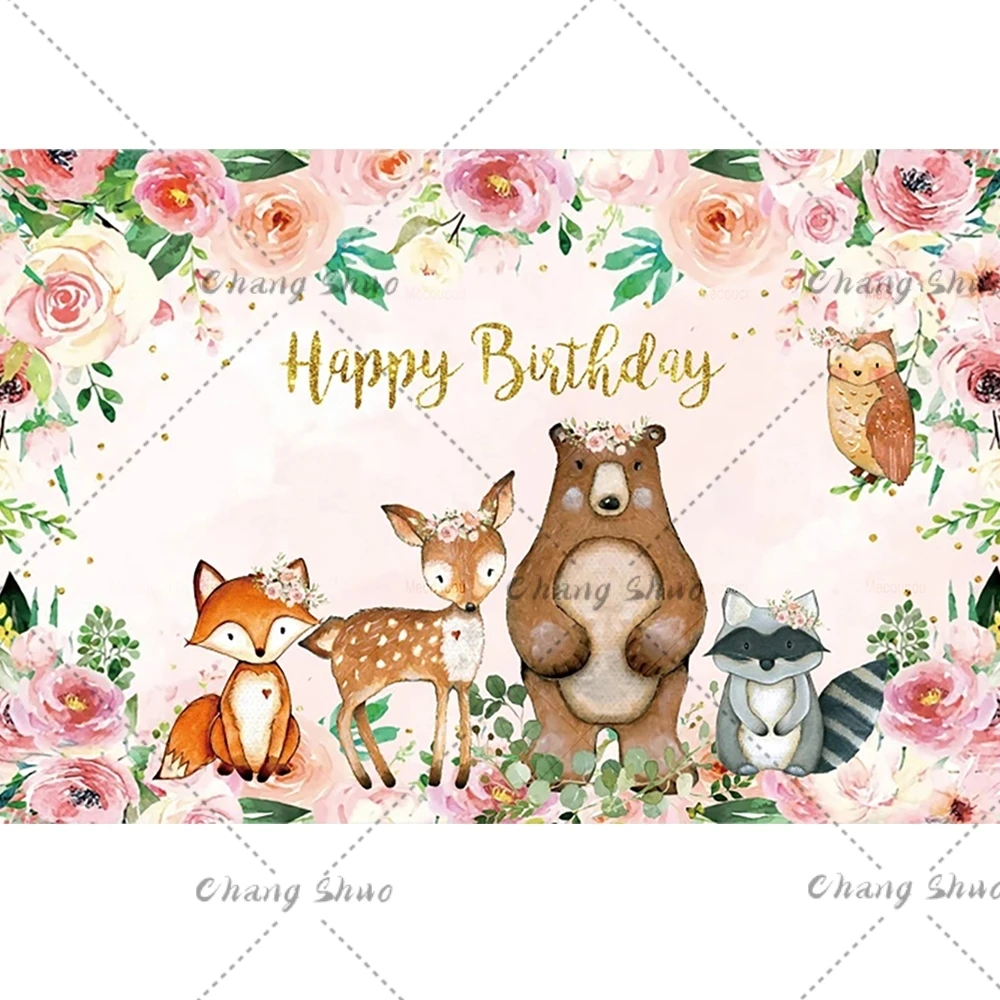 Wild Animals Deer Bear Fox Baby Shower Background Baptism Party Photography Background Children Happy Birthday Decoration Banner