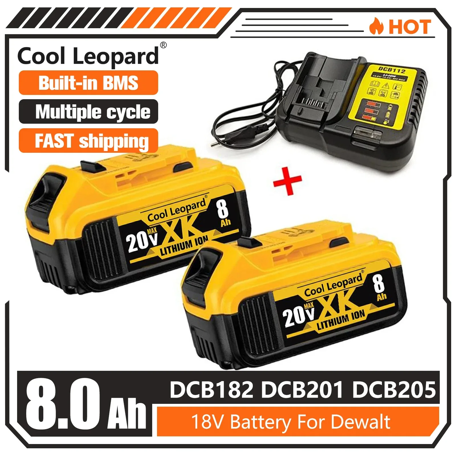 New  20V Replacement Li-ion Battery For DeWalt Electric Tool 18V DCB205 DCB204-2 DCB206 With Charger 5.0Ah/6.0Ah/8.0Ah Cell