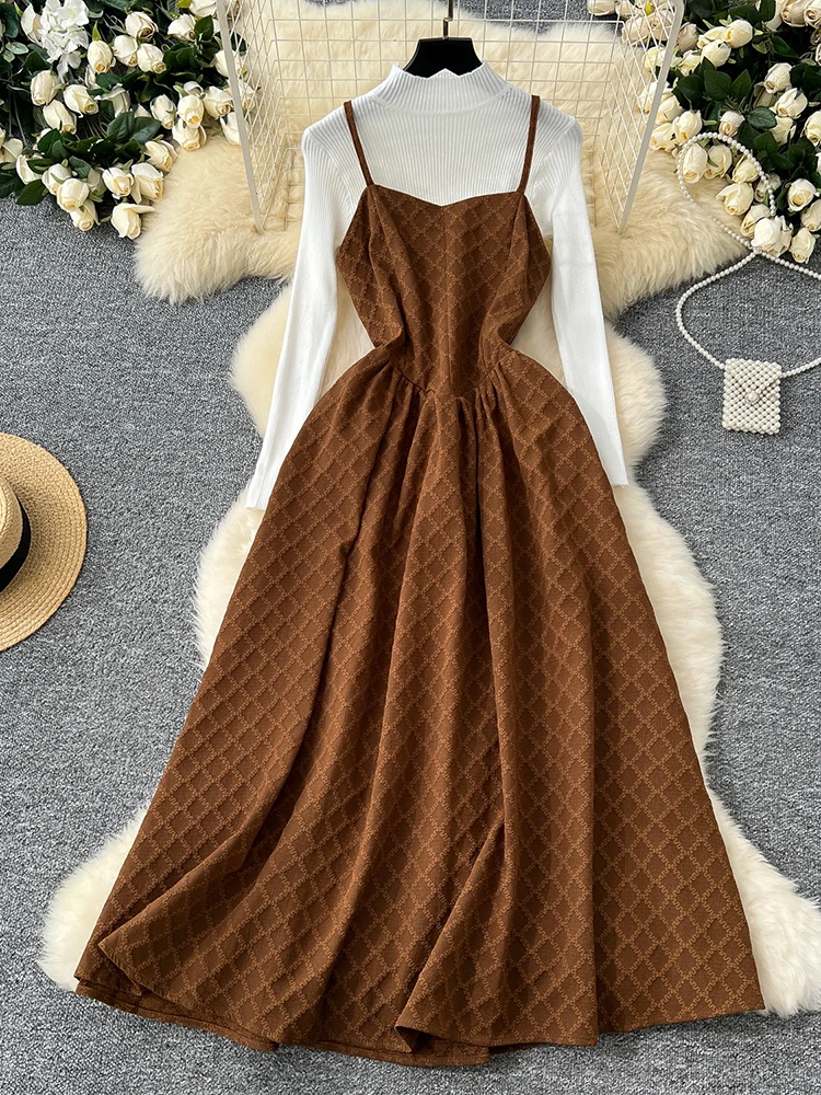 TWOTWINSTYLE Vintage Two Piece Set For Women Sleeveless High Waist A Line Dress Long Sleeve Top Elegant Sets Female KSE517534