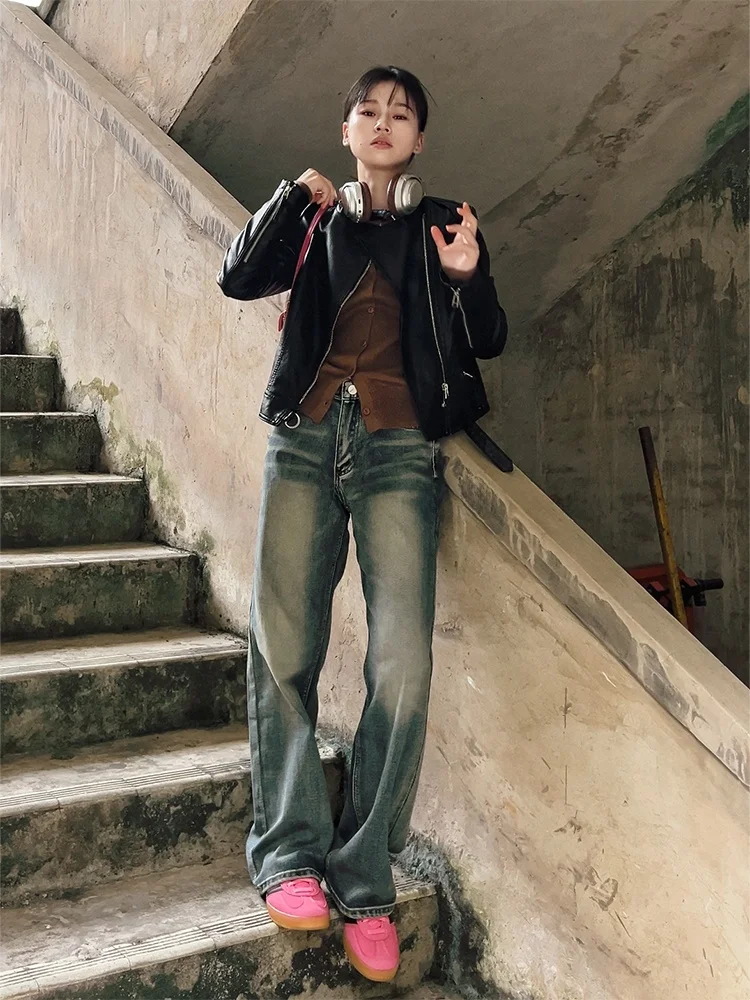 

Прямые джинсы с высокой талией, женские весенне-осенние облегающие широкие брюки, джинсовые повседневные брюки с застежкой-молнией в стиле ретро, синие