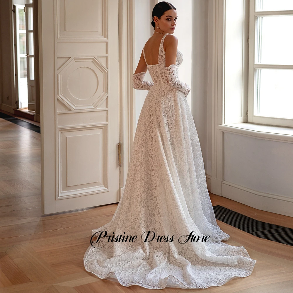 Bohemian Lace A-Line Wedding Dress Women Sweetheart Detachable Sleeves Bridal Gowns with Sweep Train Zipper Back Customized