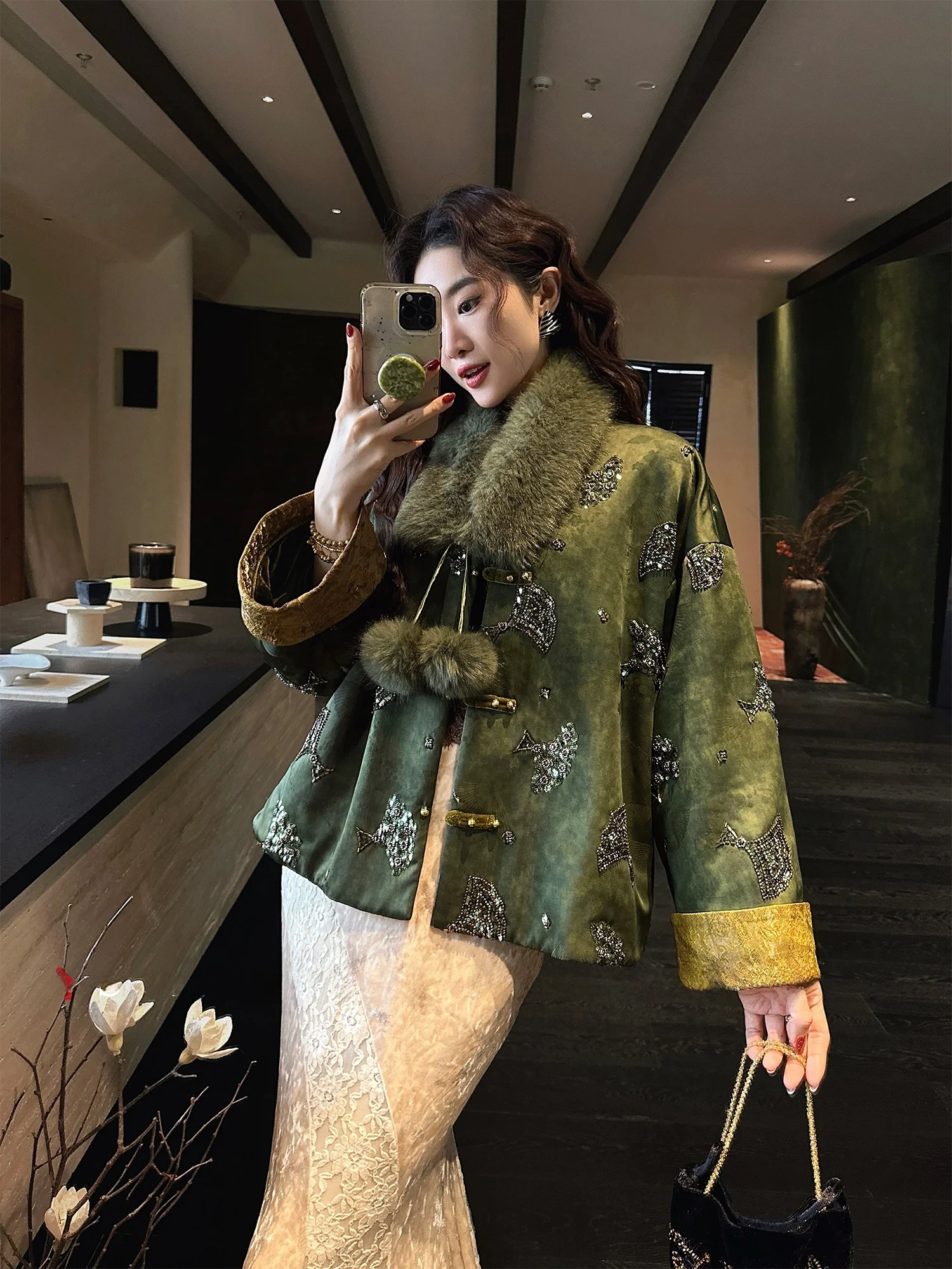 

Sanji Bla Flower New Chinese Sle Embroidered Jaet Women's Cotton Outerwear Winter Faion Trend Loose Fit Long Sve
