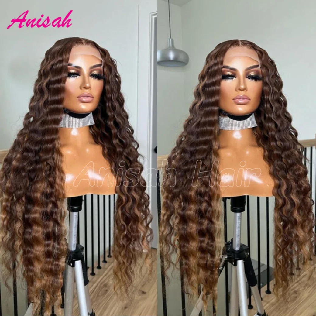 

Brazilian Remy Hair Deep Wave Lace Front Human Hair Wigs For Women Brown Highlight Colored 5x5 Closure Glueless Wig