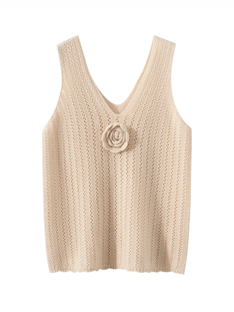 

TLOML Women Cashmere Vest 100% Cashmere Knitwear V-neck Handmade Hook Flower Hollow Design Pullover Vest Autumn Winter Comfy Top