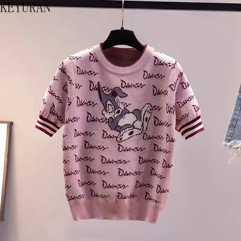 Ins-Tops de punto de manga corta con letras de dibujos animados para mujer, camiseta informal holgada con cuello redondo, camiseta fina de seda de