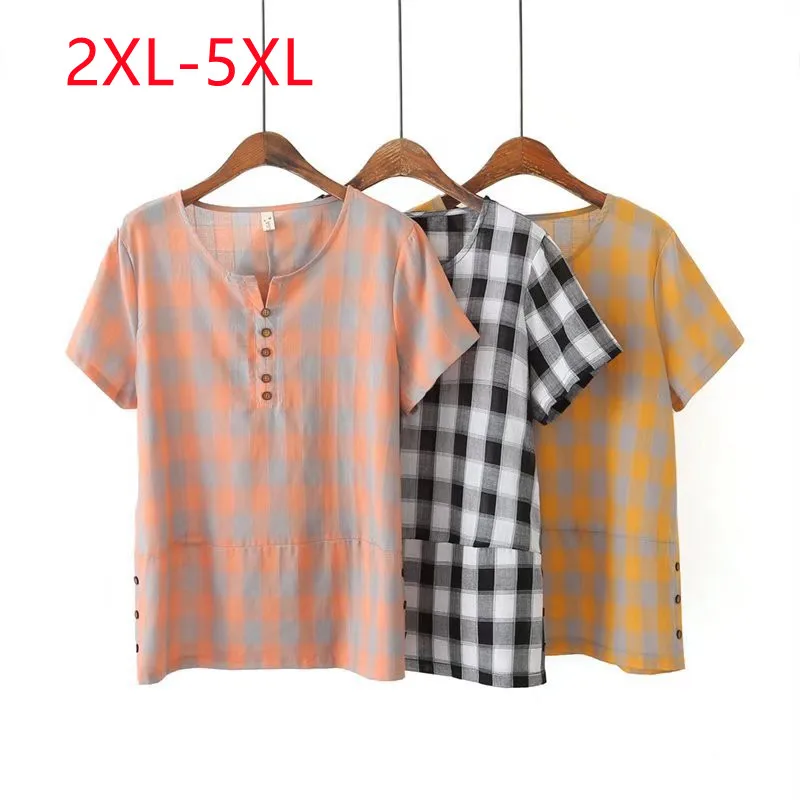 

Large Womens 2022 summer new fashion literary retro Plus Size Plaid short sleeve T-shirt 2XL 3XL 4XL 5XL