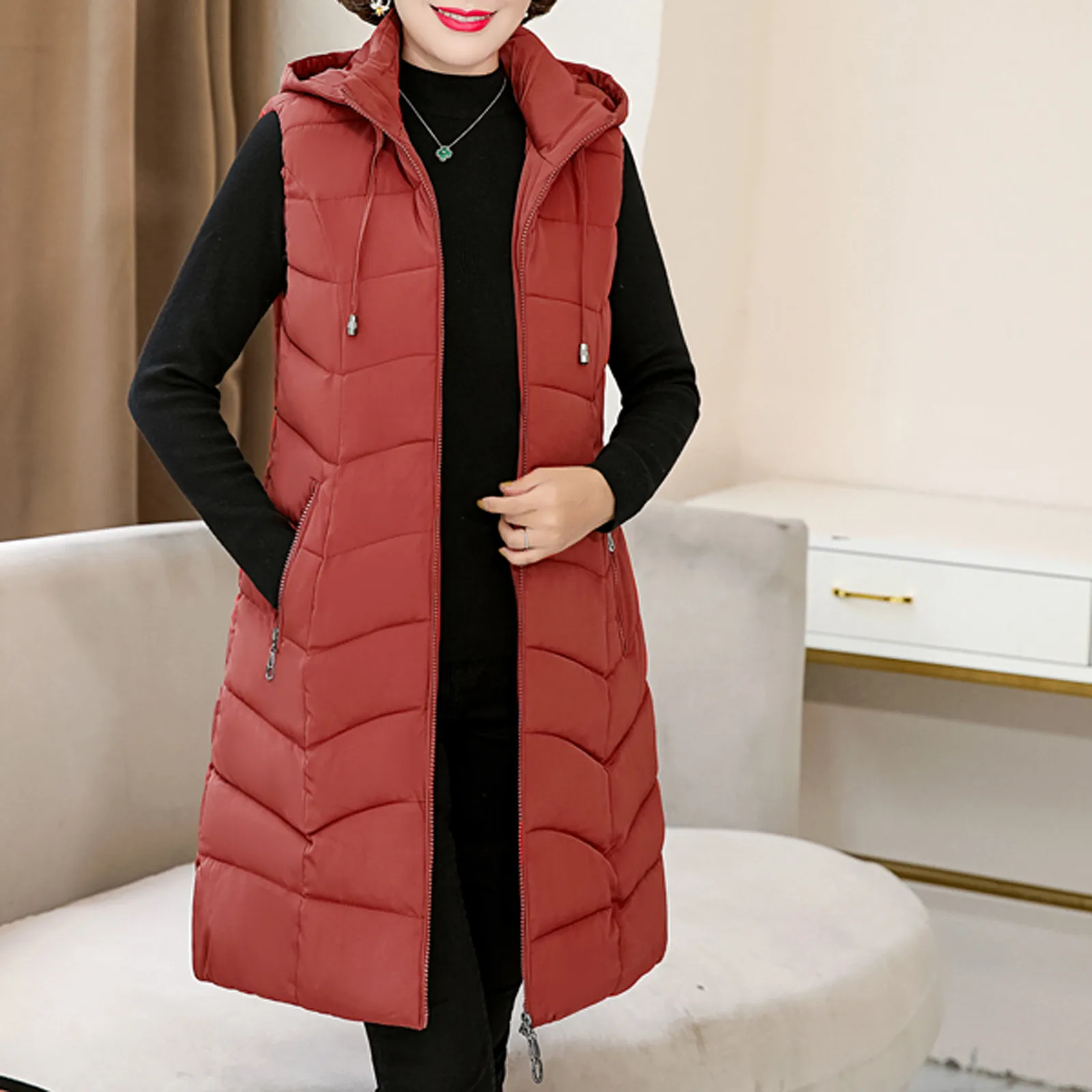 Cappotto lungo invernale senza maniche con cerniera calda con tasche con cappuccio Gilet da esterno Piumino Parka con cerniera tinta unita allentato da donna