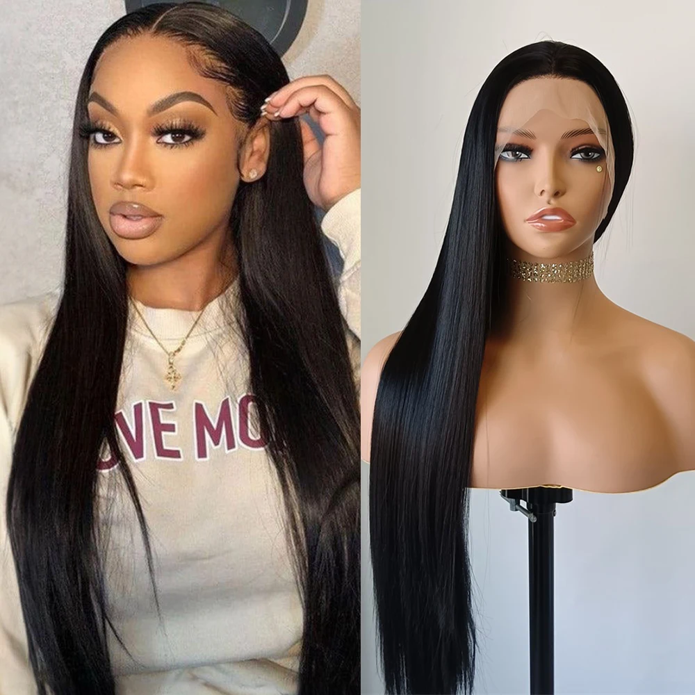 RDY Black Wig Long Straight Synthetic Lace Front Wigs for Women Daily Wear Natural Hailine Ready to wear Black Lace Wigs Cosplay