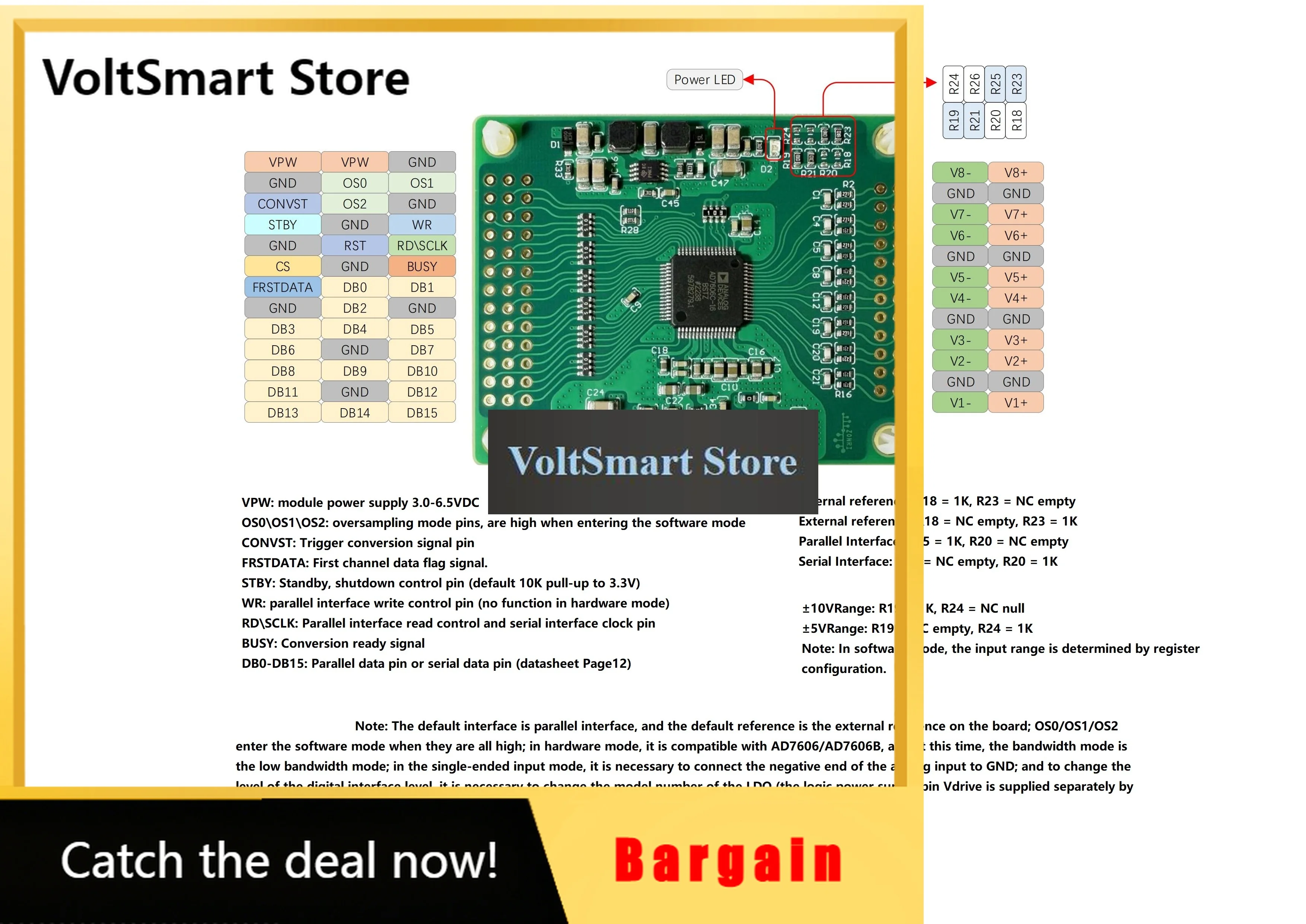 VoltSAD7606C-16 Parallel Synchronous 8CH Sampling ADC Module 16Bit DAS 1Msps Bipolar High Bandwidth Support Serial SPI Interface