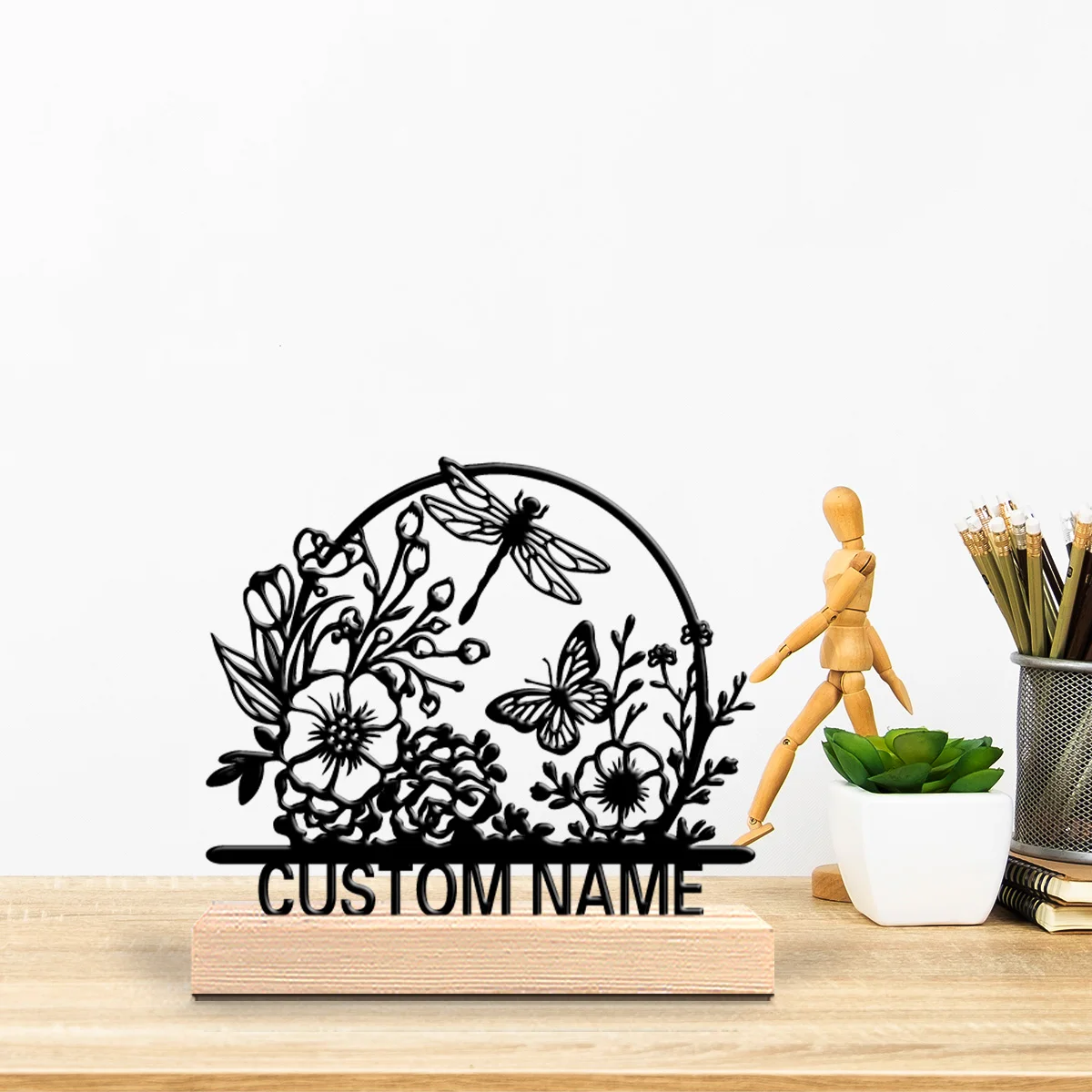 1pc Fashion Personalized Custom flower Metal Statues Wooden Base Lighting for Office Workshop Modern Rustic Steampunk Themes