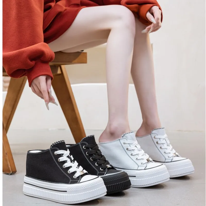 

13cm 2026 Denim Leather Platform Wedge Flats Shoes Chunky Sneaker Casual Comfy High Brand Slipper Spring Autumn Shoes