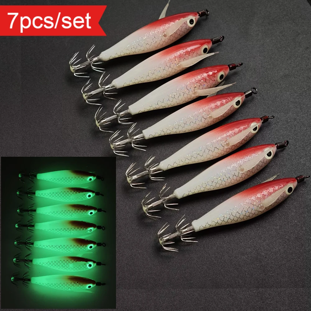 7pcs Squid Jig Sea Octopus Cuttlefish Fishing Tackle Horizontal Shrimp Squid Jig 8cm Luminous Realistic Lure
