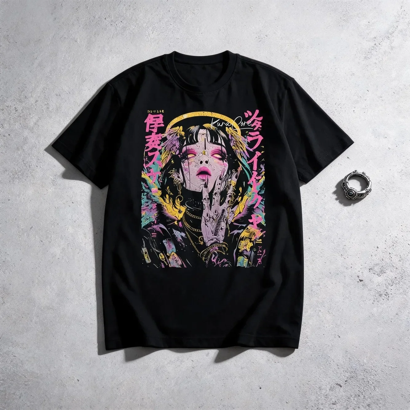 Japanese Streetwear Cyberpunk Angel Y2K Techwear Anime T Shirt Same Style For Men And Women 2025 Summer Short Sleeved Printed T Shirt Pure 220G