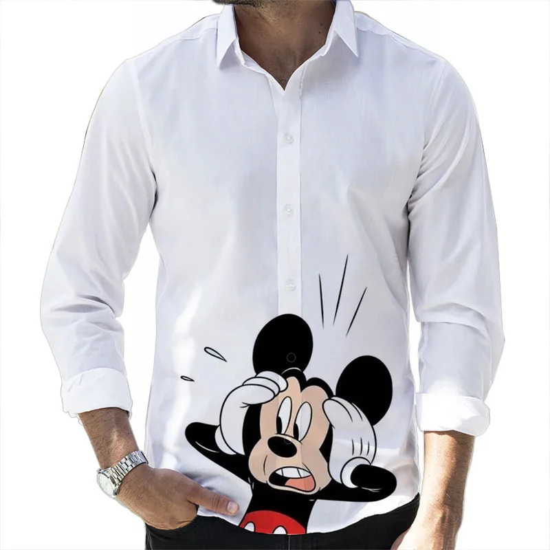 Fall New Disney Cartoon Casual 3D Printed Men\'s Long Sleeve Lapel Slim Fit Mickey Mouse and Winnie the Pooh Brand Men\'s Top